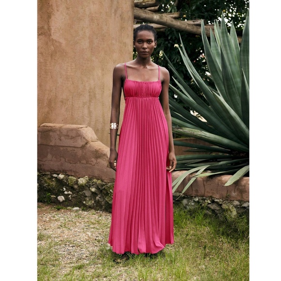 Pink Pleated Maxi Babydoll Dress Open Back Flowy Skirt Tie Straps - Picture 7 of 10